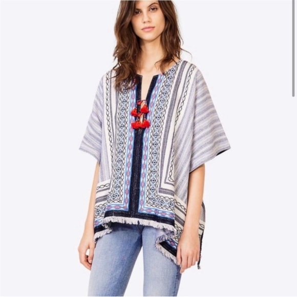 TORY BURCH Blair tassel Poncho Size M/L 100%‎ Cotton - Picture 1 of 10